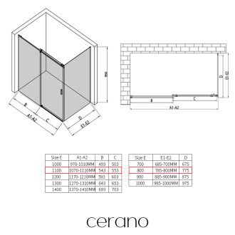 CERANO - Sprchový kout Santoro - levá - 6 mm - černá matná, mléčné sklo - 110x80 cm - posuvný