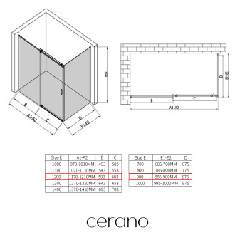 CERANO - Sprchový kout Santoro - levá - 6 mm - černá matná, mléčné sklo - 120x90 cm - posuvný