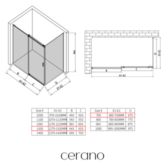 CERANO - Sprchový kout Santoro - levá - 6 mm - černá matná, mléčné sklo - 130x70 cm - posuvný