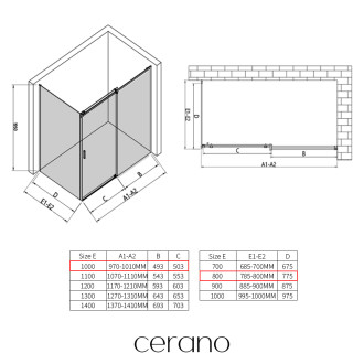 CERANO - Sprchový kout Santoro - pravá - 6 mm - černá matná, mléčné sklo - 100x80 cm - posuvný