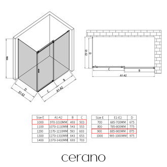 CERANO - Sprchový kout Santoro - pravá - 6 mm - černá matná, mléčné sklo - 100x90 cm - posuvný