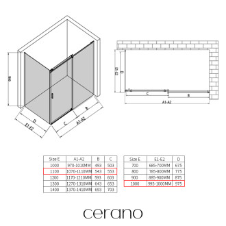 CERANO - Sprchový kout Santoro - pravá - 6 mm - černá matná, mléčné sklo - 110x100 cm - posuvný