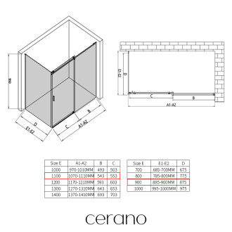 CERANO - Sprchový kout Santoro - pravá - 6 mm - černá matná, mléčné sklo - 110x90 cm - posuvný