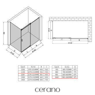CERANO - Sprchový kout Santoro - pravá - 6 mm - černá matná, mléčné sklo - 120x100 cm - posuvný