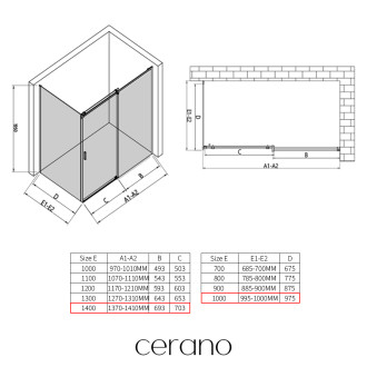 CERANO - Sprchový kout Santoro - pravá - 6 mm - černá matná, mléčné sklo - 140x100 cm - posuvný