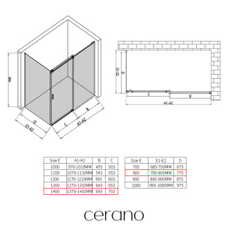 CERANO - Sprchový kout Santoro - pravá - 6 mm - černá matná, mléčné sklo - 140x80 cm - posuvný