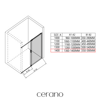 CERANO - Sprchový kout Santoro - pravá - 6 mm - černá matná, mléčné sklo - 140x90 cm - posuvný