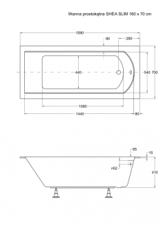 BESCO vana SHEA SLIM 180 (1800x800 mm), bez nožiček VANSHEA180SLIM