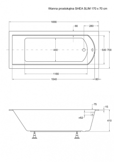 BESCO vana SHEA SLIM 180 (1800x800 mm), bez nožiček VANSHEA180SLIM