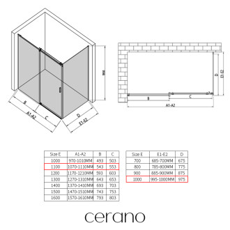 CERANO - Sprchový kout Santoro L/P - 6 mm - černá matná, grafitové sklo - 110x100x195 cm - posuvný