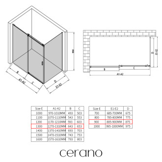 CERANO - Sprchový kout Santoro L/P - 6 mm - černá matná, grafitové sklo - 130x90x195 cm - posuvný