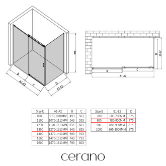 CERANO - Sprchový kout Santoro L/P - 6 mm - černá matná, grafitové sklo - 140x80x195 cm - posuvný
