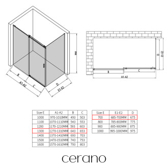 CERANO - Sprchový kout Santoro L/P - 6 mm - černá matná, transparentní sklo - 130x70x195 cm - posuvný