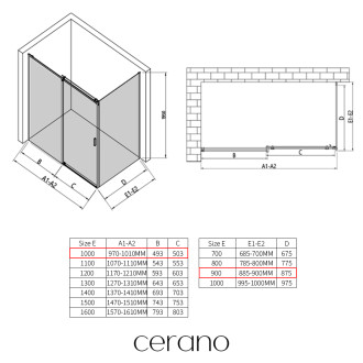 CERANO - Sprchový kout Santoro L/P - 8 mm - černá matná, grafitové sklo - 100x90x195 cm - posuvný