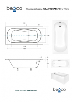 BESCO vana ARIA PROSAFE 150 (1500x700 mm), bez nožiček VANARIA150PROS