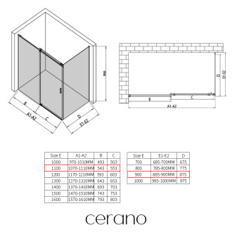 CERANO - Sprchový kout Santoro L/P - 8 mm - černá matná, grafitové sklo - 110x90x195 cm - posuvný
