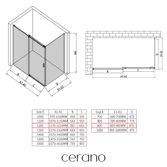 CERANO - Sprchový kout Santoro L/P - 8 mm - černá matná, grafitové sklo - 120x90x195 cm - posuvný