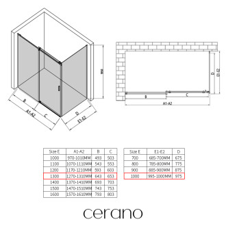 CERANO - Sprchový kout Santoro L/P - 8 mm - černá matná, grafitové sklo - 130x100x195 cm - posuvný