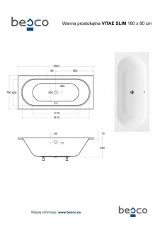 BESCO vana VITAE SLIM 180 (1800x800 mm), bez nožiček VANVITAE180SLIM