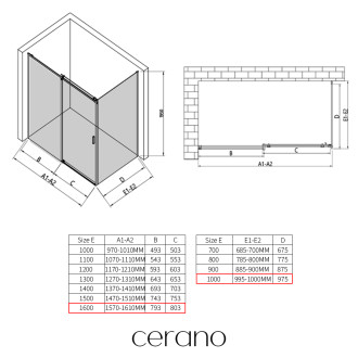 CERANO - Sprchový kout Santoro L/P - 8 mm - černá matná, grafitové sklo - 160x100x195 cm - posuvný