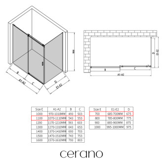 CERANO - Sprchový kout Santoro L/P - 8 mm - černá matná, transparentní sklo - 110x70x195 cm - posuvný