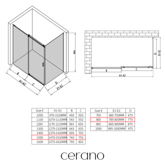 CERANO - Sprchový kout Santoro L/P - 8 mm - černá matná, transparentní sklo - 150x80x195 cm - posuvný