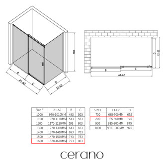 CERANO - Sprchový kout Santoro L/P - 8 mm - černá matná, transparentní sklo - 160x80x195 cm - posuvný