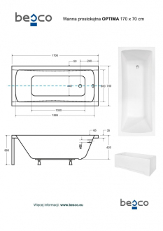 BESCO vana OPTIMA 170 (1700x700 mm), bez nožiček VANOPT17