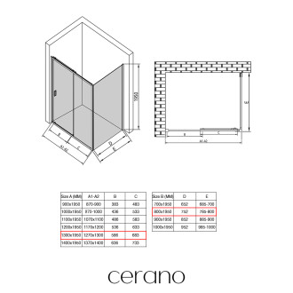 CERANO - Sprchový kout Varone LINE L/P - 6 mm - černá matná, transparentní sklo - 130x80x195 cm - posuvný