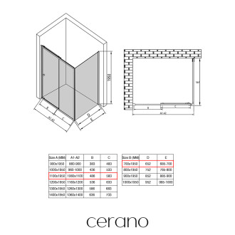 CERANO - Sprchový kout Varone POINT L/P - 6 mm - černá matná, transparentní sklo - 110x70x195 cm - posuvný