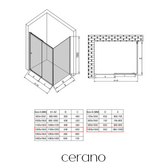 CERANO - Sprchový kout Varone POINT L/P - 6 mm - černá matná, transparentní sklo - 120x100x195 cm - posuvný