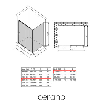 CERANO - Sprchový kout Varone POINT L/P - 6 mm - černá matná, transparentní sklo - 120x70x195 cm - posuvný