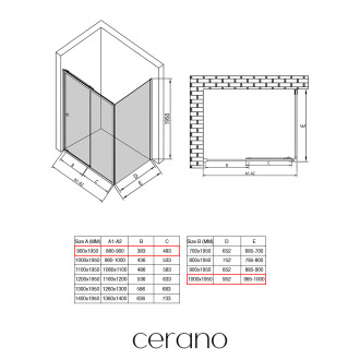 CERANO - Sprchový kout Varone POINT L/P - 6 mm - černá matná, transparentní sklo - 90x100x195 cm - posuvný