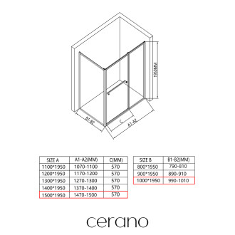 CERANO - Sprchový kout Versaro L/P - 6 mm - černá matná, transparentní sklo - 150x100 cm - zasouvací