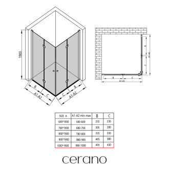 CERANO - Sprchový kout Volpe Duo L/P - 6 mm - černá matná, transparentní sklo - 100x100x190 cm - zalamovací