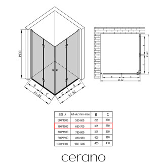 CERANO - Sprchový kout Volpe Duo L/P - 6 mm - černá matná, transparentní sklo - 70x70x190 cm - zalamovací
