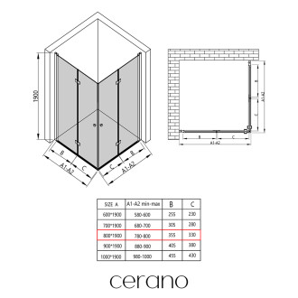 CERANO - Sprchový kout Volpe Duo L/P - 6 mm - černá matná, transparentní sklo - 80x80x190 cm - zalamovací