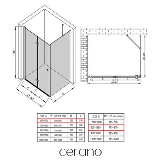 CERANO - Sprchový kout Volpe L/P - 6 mm - černá matná, transparentní sklo - 60x80x190 cm - zalamovací