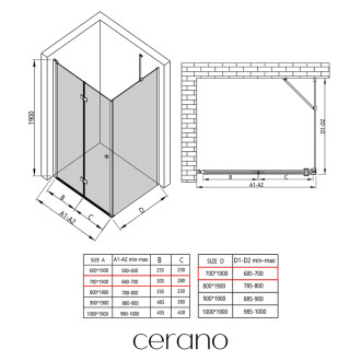 CERANO - Sprchový kout Volpe L/P - 6 mm - černá matná, transparentní sklo - 70x70x190 cm - zalamovací