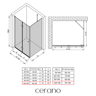 CERANO - Sprchový kout Volpe L/P - 6 mm - černá matná, transparentní sklo - 100x100x190 cm - zalamovací