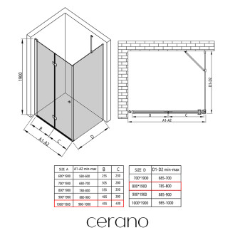 CERANO - Sprchový kout Volpe L/P - 6 mm - černá matná, transparentní sklo - 100x80x190 cm - zalamovací