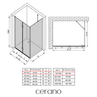 CERANO - Sprchový kout Volpe L/P - 6 mm - černá matná, transparentní sklo - 60x70x190 cm - zalamovací