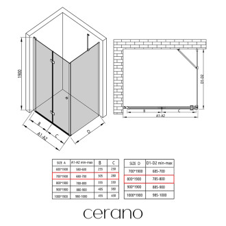 CERANO - Sprchový kout Volpe L/P - 6 mm - černá matná, transparentní sklo - 70x80x190 cm - zalamovací
