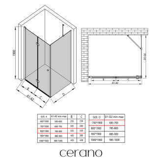 CERANO - Sprchový kout Volpe L/P - 6 mm - černá matná, transparentní sklo - 80x70x190 cm - zalamovací