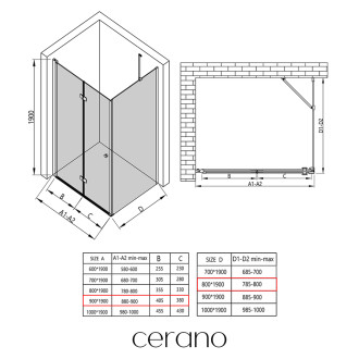 CERANO - Sprchový kout Volpe L/P - 6 mm - černá matná, transparentní sklo - 90x80x190 cm - zalamovací
