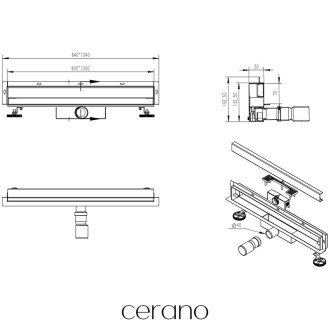 CERANO - Sprchový odtokový žlab ke stěně, sifon - nerez - DN40 - 94 cm