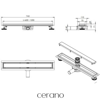 CERANO - Sprchový odtokový žlab, sifon otočný 360° - design 2v1 - nerez - DN40 - černá matná - 74 cm