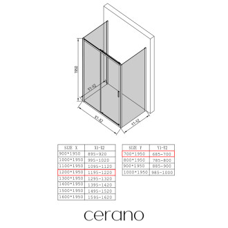 CERANO - Třístěnný sprchový kout Varone LINE U L/P - 6 mm - černá matná, mléčné sklo - 120x70 cm - posuvný