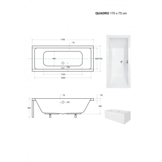 Obdélníková vana QUADRO - 165 x 75 cm, s nožičkami