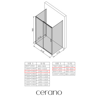 CERANO - Třístěnný sprchový kout Varone LINE U L/P - 6 mm - černá matná, transparentní sklo - 110x80x195 cm - posuvný